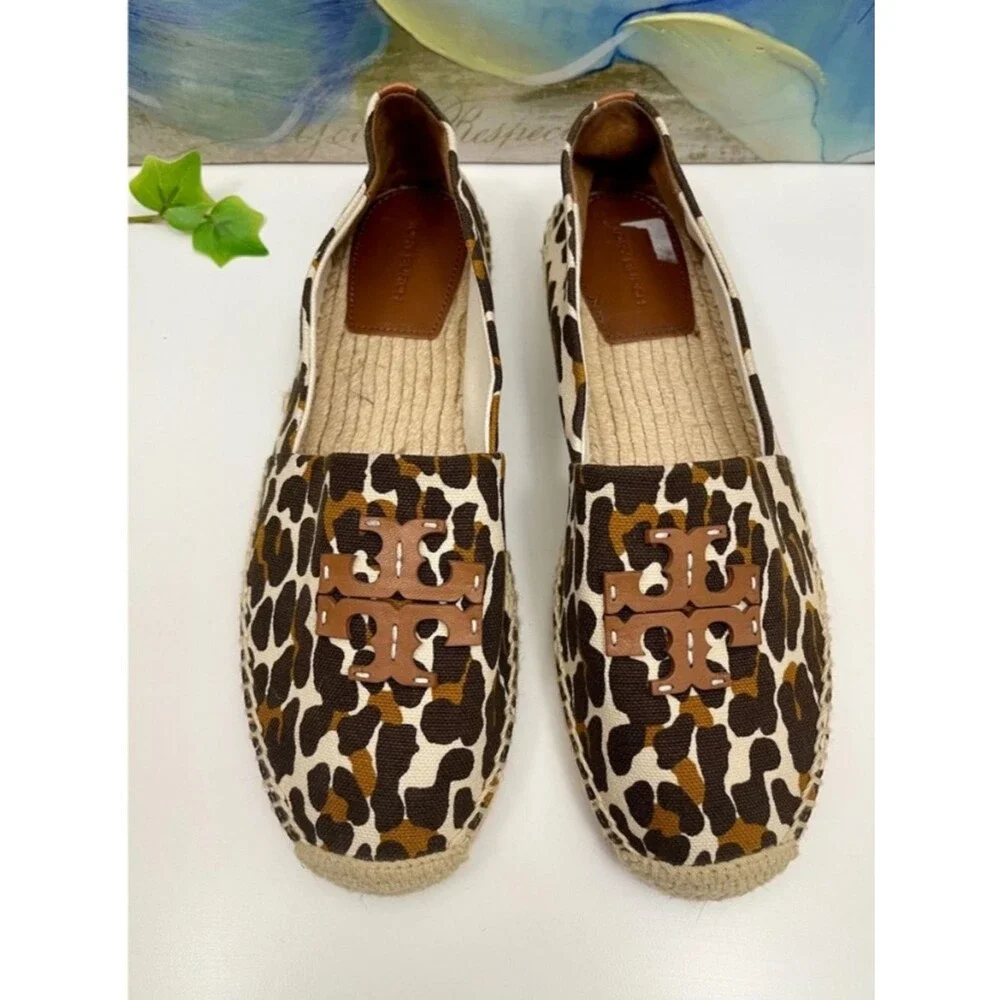 New Tory Burch Ines Leopard Print Canvas Espadrille Flats Brown Tan Women 9.5